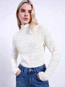 BizChic 白色蕾丝透明长袖汗衫上衣，适合圣诞派对、新年约会、春夏季 - 白色 - 查看 5