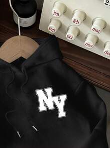 Slaydiva NY Letter Graphic Casual Plus Size Hooded Drawstring Thick Sweatshirt For Women, Suitable For Fall/Winter - Black - View 4