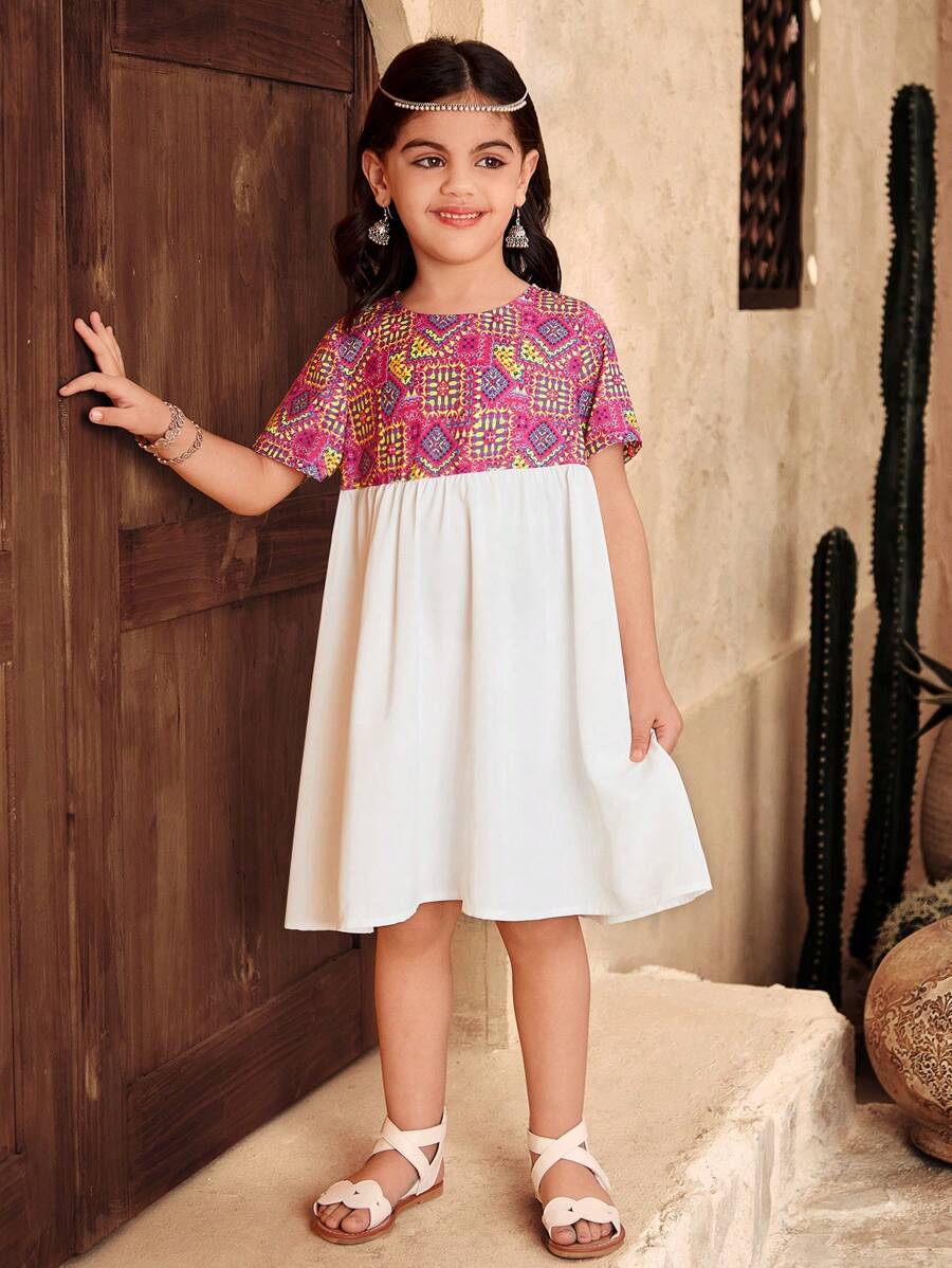 SHEIN Leap Crew Robe décontractée à col rond et manches courtes, style mode de rue pour jeune fille, Ramadan - Rouge - Voir 1