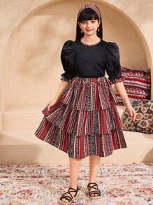 SHEIN Tween Girls Ramandan Long Sleeve Top And Striped Skirt 2 Pieces Set - Multicolor - View 1