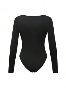Maweii Plus Size Solid Color Ring Decor Sexy Bodycon Long Sleeve Bodysuit Fall Cloth For Women - Black - View 3