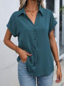 EMERY ROSE 1 件女式纯色长袖衬衫，简约时尚休闲日常穿着 - 水鴨藍 - 查看 5