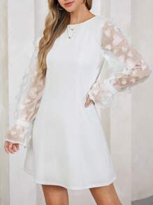 SHEIN Clasi Women's White Spring Mesh Sleeve Dress - White - View 5