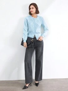 BizChic Niebieski żakardowy kardigan z długim rękawem, wiosna/lato, kobiety na imprezę świąteczną, randki - Niebieski - Zobacz 5