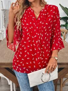 SHEIN Unity Women's Casual Commute Chiffon Printed V-Neck 3/4 Ruffle Sleeve Pullover Blouse - Multicolor - View 1
