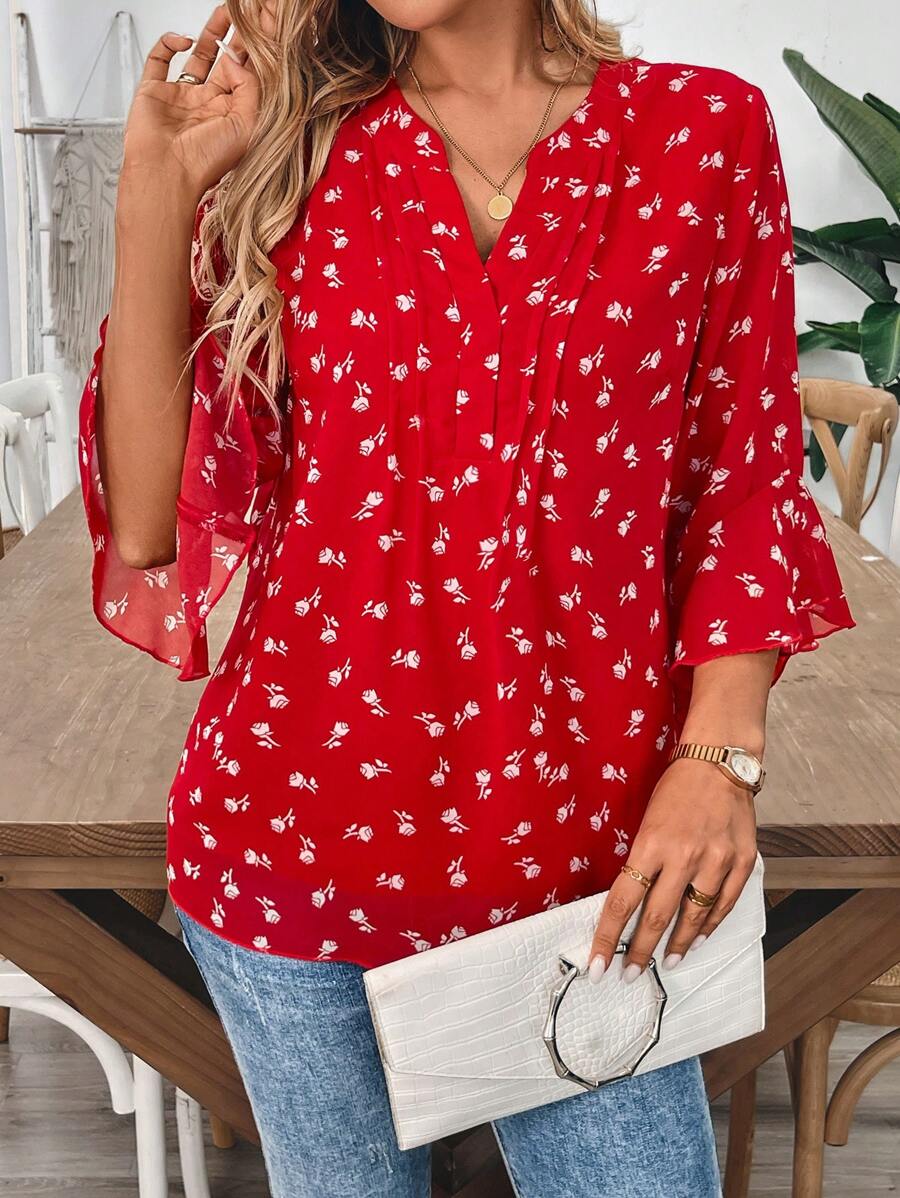 SHEIN Unity Women's Casual Commute Chiffon Printed V-Neck 3/4 Ruffle Sleeve Pullover Blouse - Multicolor - View 1
