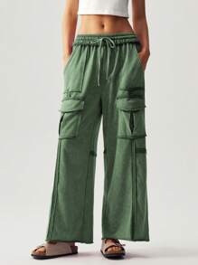 Bohemela Damen einfarbige Lässig gestrickte Weite Bein Hose mit Taschen