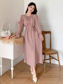 DAZY 情人节粉色腰部收紧宽松连衣裙，女士秋季服装，返校服装长袖连衣裙 - 粉色 - 查看 7