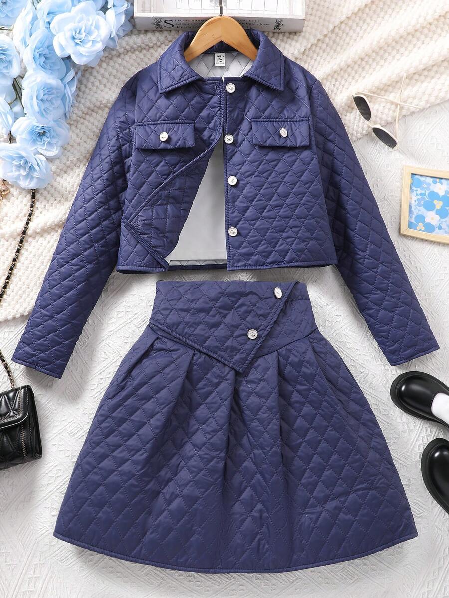 2 Pieces Set For Teen Girls, Autumn/Winter, Long Sleeve Jacket With Diamond Patterns And Thickened Material, Single-Breasted, Casual Skirt Suit, Black - Navy Blue - View 1