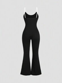 Sweetra Plus Size Contrast Binding Spaghetti Strap Flared Jumpsuit, For Summer - Black and White - View 2