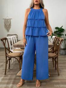 SHEIN LUNE New Sweet Ruffled O-Neck Sleeveless Blouse & Loose Pants Set - Blue - View 3