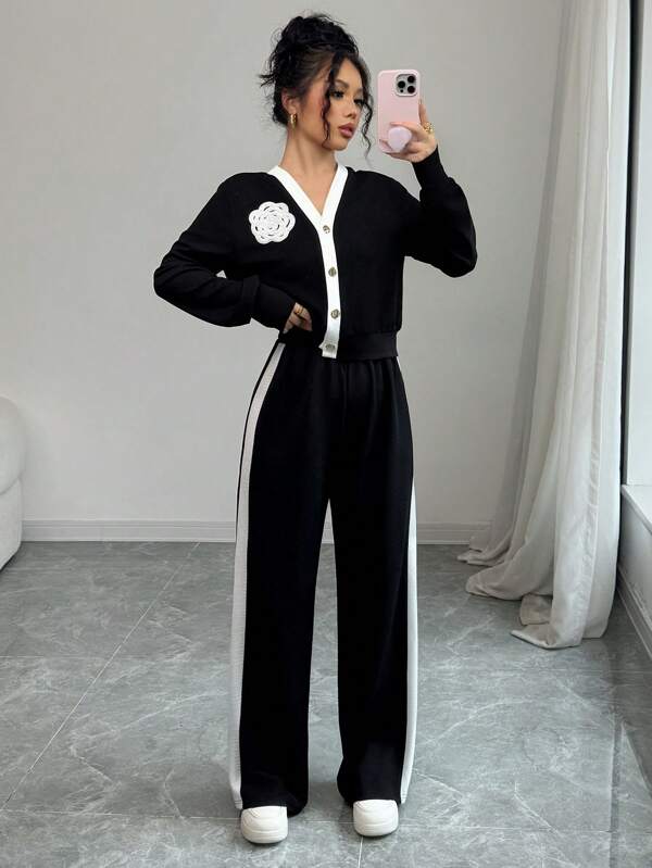 Selianne 2pcs/Set Women Solid Color Splicing Long Sleeve Casual Top & Pants Set Fall Cloth For Women