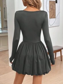 SHEIN LUNE Black Short Ruched Sleeve Floral Mini Dress, Suitable For Women In Autumn - Grey - View 2