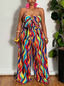 Slaydiva Conjunto de 2 piezas de talla grande para vacaciones, con top tipo camiseta y pantalón de pierna ancha, en colores vivos, adecuado para primavera y verano - Multicolor - Ver 2