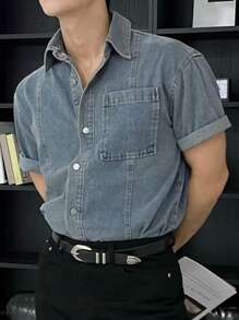 DAZY Men's Solid Blue Denim Shirt For Summer - Blue - View 6