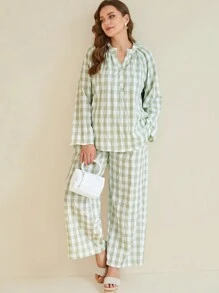 EMERY ROSE 2pcs Plus Size Textured Green & White Plaid Long Sleeve Top & Bottom Set, Spring Outfits - Green - View 6