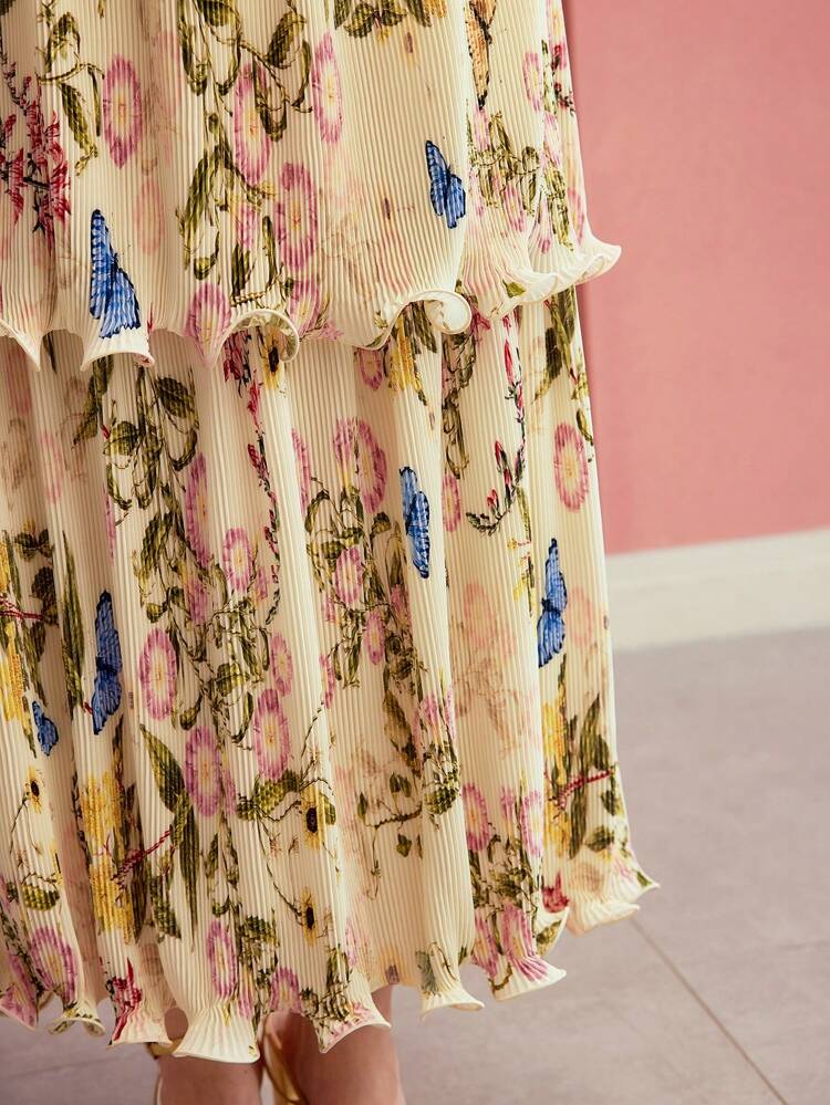 FLORAL PRINT LETTUCE TRIM TEXTURED SKIRT,VALENTINE'S DAY,SPRING/SUMMER