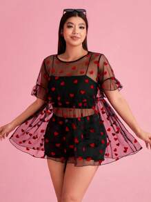 SHEIN EZwear 大码女式红色爱心植绒网纱透明休闲上衣