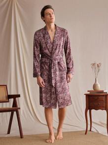 Manfinity Men's Allover Print Long Sleeve Casual Tied Front Robe - Multicolor - View 6