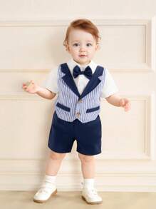 Souflis Souflis 2 件装男婴夏季新款翻领短袖纽扣衬衫，带领结装饰，条纹背心，纯色休闲短裤，绅士表演装 - 藏蓝色 - 查看 1