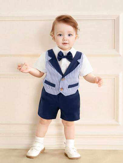 Souflis Souflis 2 件装男婴夏季新款翻领短袖纽扣衬衫，带领结装饰，条纹背心，纯色休闲短裤，绅士表演装