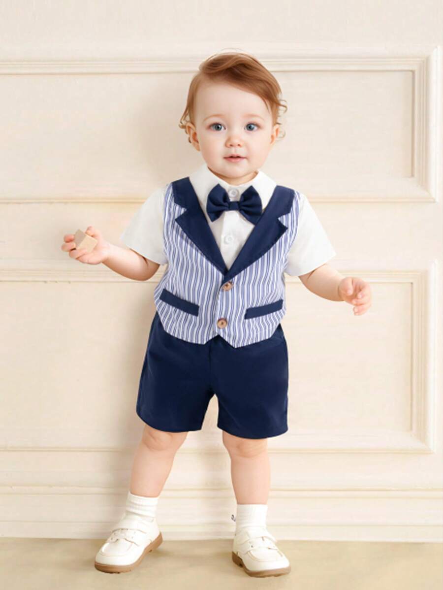 Souflis Souflis 2 件装男婴夏季新款翻领短袖纽扣衬衫,带领结装饰,条纹背心,纯色休闲短裤,绅士表演装 - 藏蓝色 - 查看 1