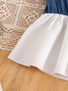 SHEIN Set de 2 piezas: Top/Camisa de manga corta con efecto de mezclilla y cuello camisero + Pantalón largo minimalista de efecto de mezclilla de unicolor para adolescentes - Azul - Ver 5