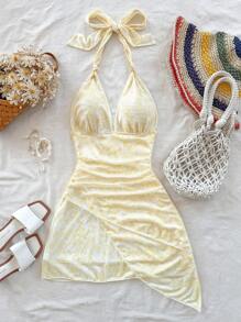 Soleia Váy ngắn đi biển lãng mạn cổ chữ V buộc dây họa tiết hoa màu trắng cho nữ - Màu vàng - Xem 4