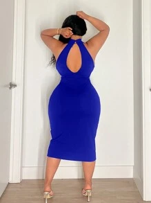 Maweii Plus Size Mesh Panel Stand Collar Sleeveless Simple Fitted Midi Dress - Royal Blue - View 2