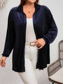 SHEIN LUNE  Plus Size Allover Print Button Up Casual Long Sleeve Shirt - Navy Blue - View 3