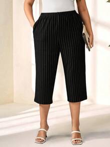 EMERY ROSE 大码女式夏季口袋条纹休闲 7/8 裤，日常穿着 - 黑與白 - 查看 1