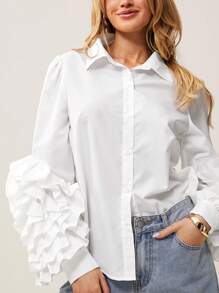 Siren Gaze Blusa de manga larga con volantes blancos de primavera para mujer, de unicolor, simple y elegante, para uso diario, camisa de oficina de manga larga elegante, blusas casuales de moda 2024 con volantes, camisa suelta con cuello vuelto y mangas farol, con dos flores grandes en las mangas, para el Día de San Valentín, ropa de vacaciones, blusa de Año Nuevo para mujer - Blanco - Ver 3