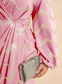 SHEIN Unity Plus Size V-Neck Long Sleeve Striped Pleated Minimalist Casual Dress, Suitable For Vacation Fall Cloth For Women