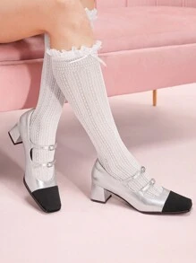 CUCCOO DOLLMOD 女士新款法式玛丽珍厚底高跟鞋，银色踝带休闲高跟鞋，适合工作和日常穿着，情人节