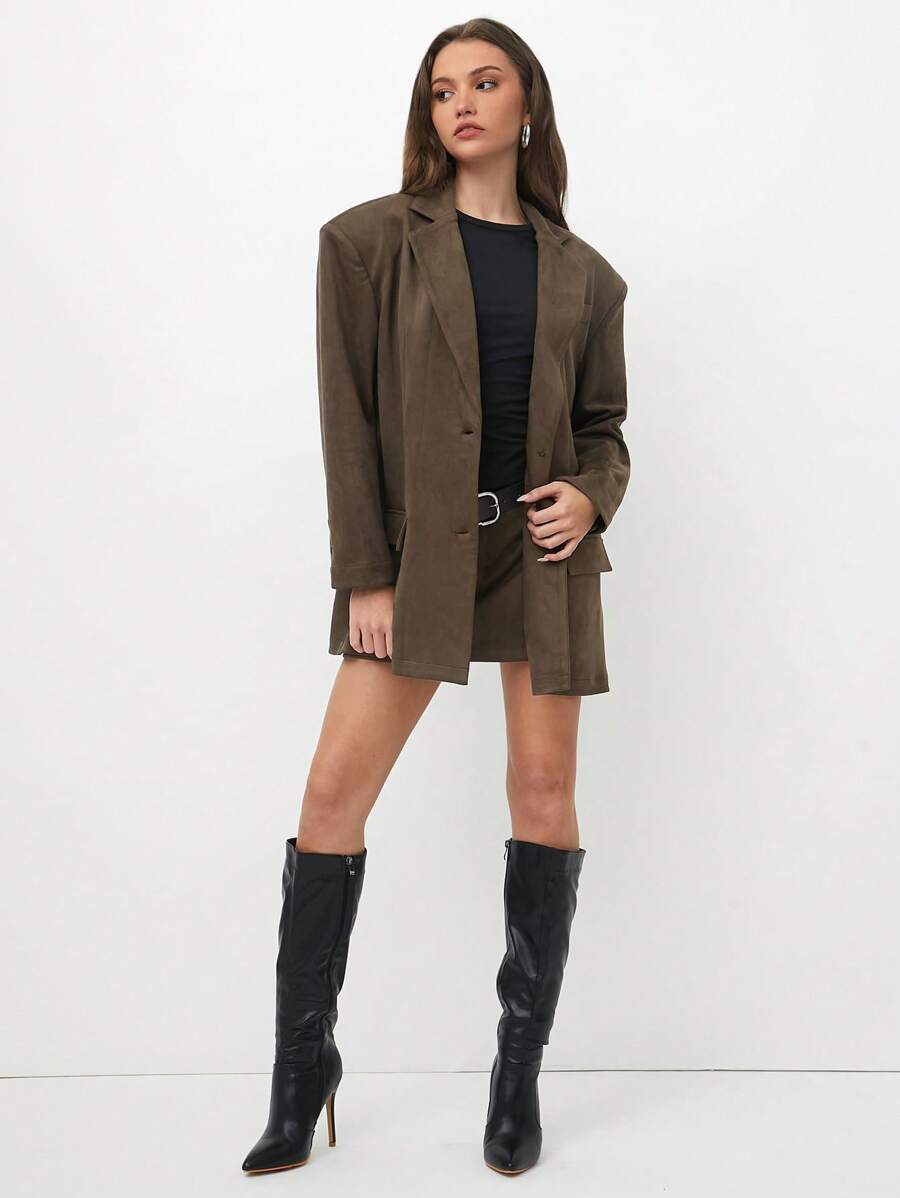 SHEIN Unity Women's New Solid Color Deer Suede Casual Blazer Jacket & Mini Skirt 2 Pieces Set, Autumn Fall Cloth For Women - Brown - View 1