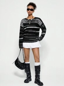 SHEIN EZwear Women's Daily Wear Casual Basic Knit Ripple Baggy Sweater - Multicolor - View 4