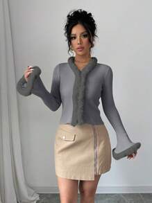 SHEIN Unity Women Turtleneck Contrasting Patchwork Long Sleeve Fitted Cardigan Sweater, Autumn/Winter Fall Cloth For Women - Dark Grey - View 3