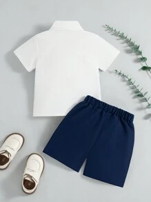 Souflis Souflis 2 件装男婴夏季新款翻领短袖纽扣衬衫，带领结装饰，条纹背心，纯色休闲短裤，绅士表演装 - 藏蓝色 - 查看 2