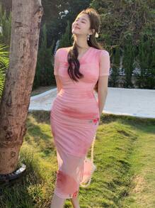 DAZY 1pc Women V-Neck Floral Ruched Mid-Calf Dress - Pink - View 4