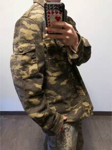 Manfinity Hypemode Men's Camouflage Pattern Cargo Pockets Single Breasted Casual Denim Shirt