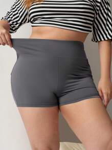 SHEIN EZwear شورتات كارجو ضيقة بخصر مرن رافع، مقاسات كبيرة، موسم الربيع - رمادي - مشاهدة 2