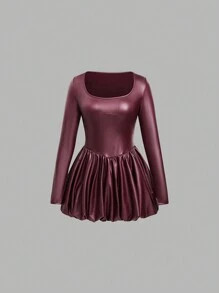 SHEIN Unity Women's PU Leather Solid Color Long Sleeve Ruffle Hem Bodycon Dress Fall Cloth For Women - Burgundy - View 1