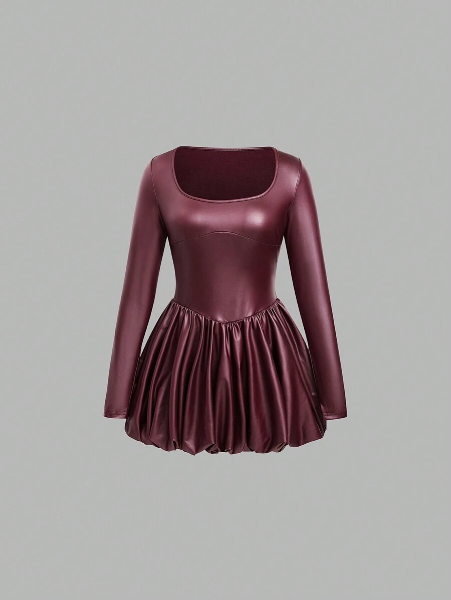 SHEIN Unity Women's PU Leather Solid Color Long Sleeve Ruffle Hem Bodycon Dress Fall Cloth For Women - Burgundy - View 1