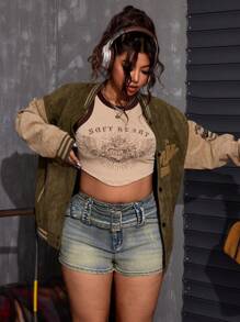 SHEIN ICON 夏季大码女式休闲牛仔裤，采用孔眼扣设计 - 藍色 - 查看 5