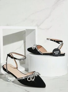 SHUZIA Zapatos planos negros de tira de tobillo y punta puntiaguda con detalles de lazo y rhinestones para mujer de ancho esencial - Calzado de primavera con correa trasera, elegante, cómodo y con estilo