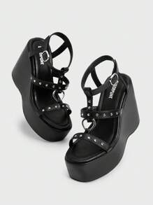 Sugerpunk 1 Pair Women's Solid Color Minimalist Metal Decor Fashion Sandals, Casual Daily Wear Spring Shoes Spring Break Easter - Black - View 5