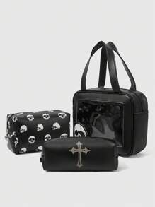 ROMWE Goth 3 件套哥特式骷髅印花便携式收纳袋套装，黑色