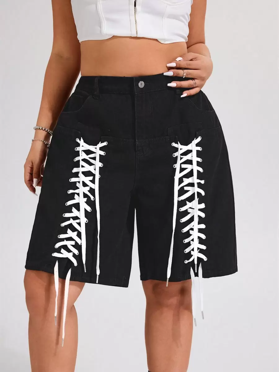 SHEIN ICON Street Fashion Lace-Up Washed Non-Stretch Denim Shorts - Black - View 1