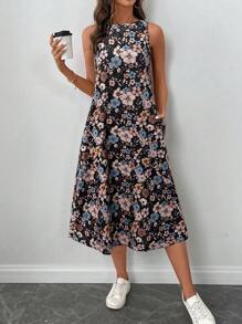 SHEIN LUNE 春季新款休闲度假复古碎花A字无袖连衣裙，办公室女士/教师工作服 - 彩色 - 查看 3