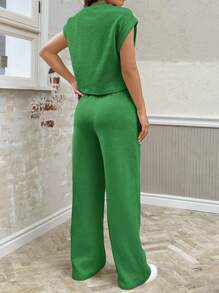 Muchica Green Knit Women's Loose Set, Minimalist Fashion Casual Everyday Wear